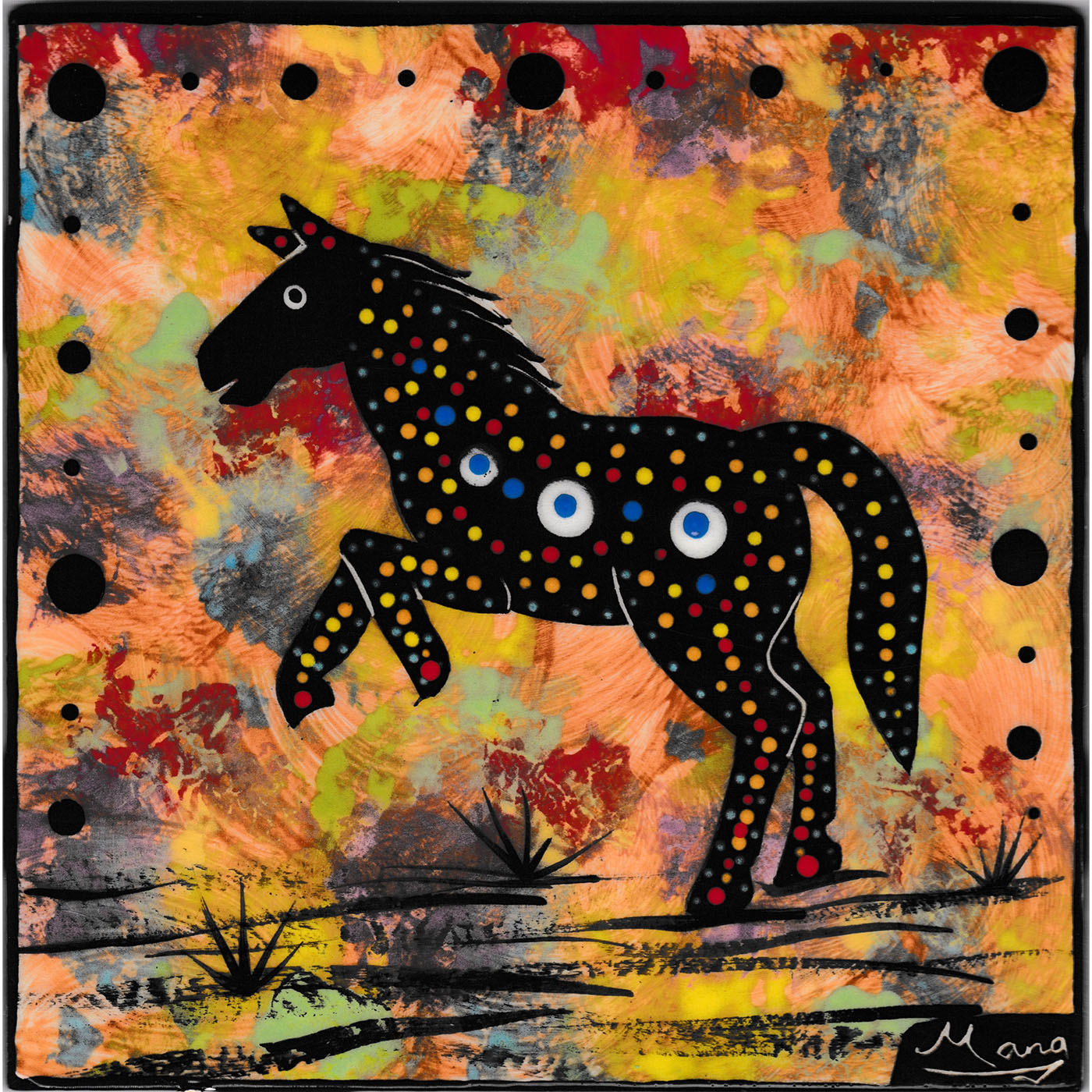 Mana Pottery 6 inch tile featuring prancing horse on dusky background