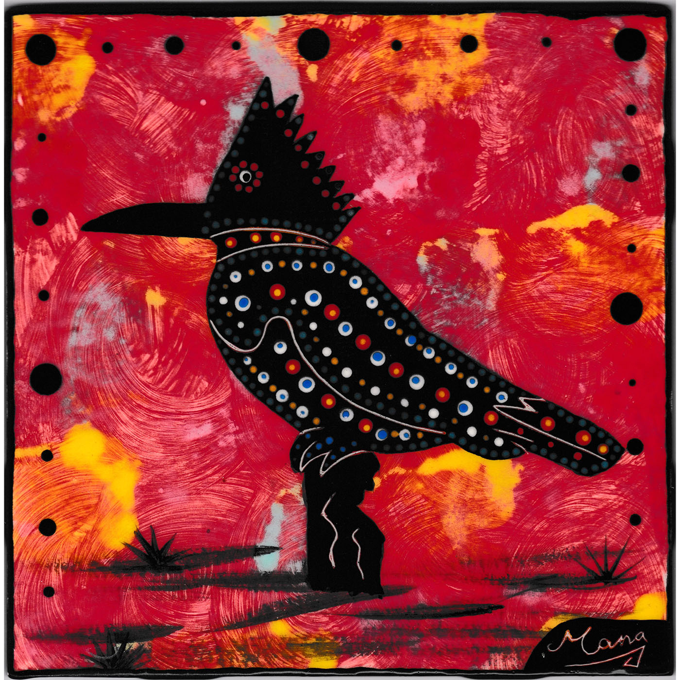 Mana Pottery 6 inch tile featuring kingfisher on crimson background