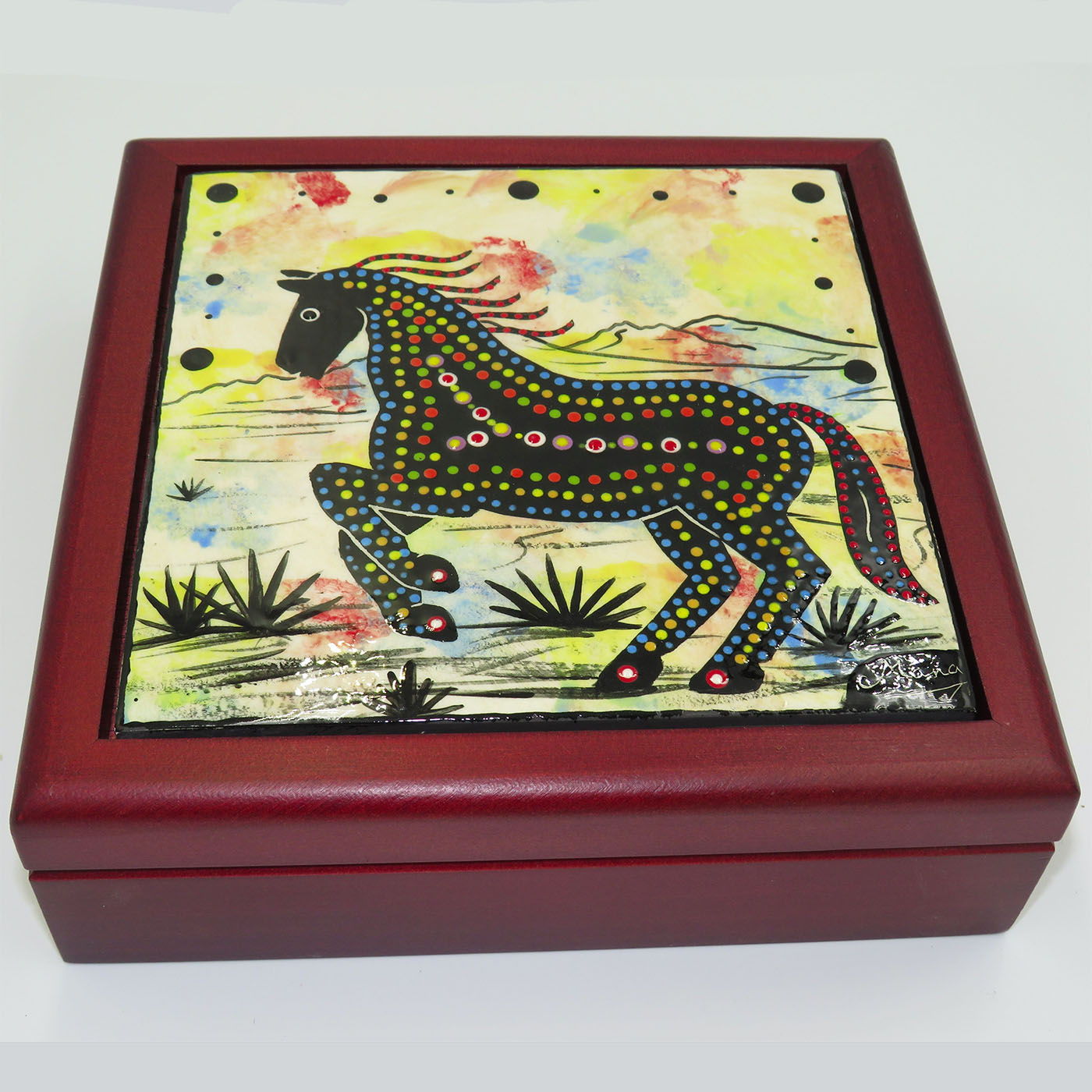 Mana Pottery wooden box with 6" square tile featuring horse.