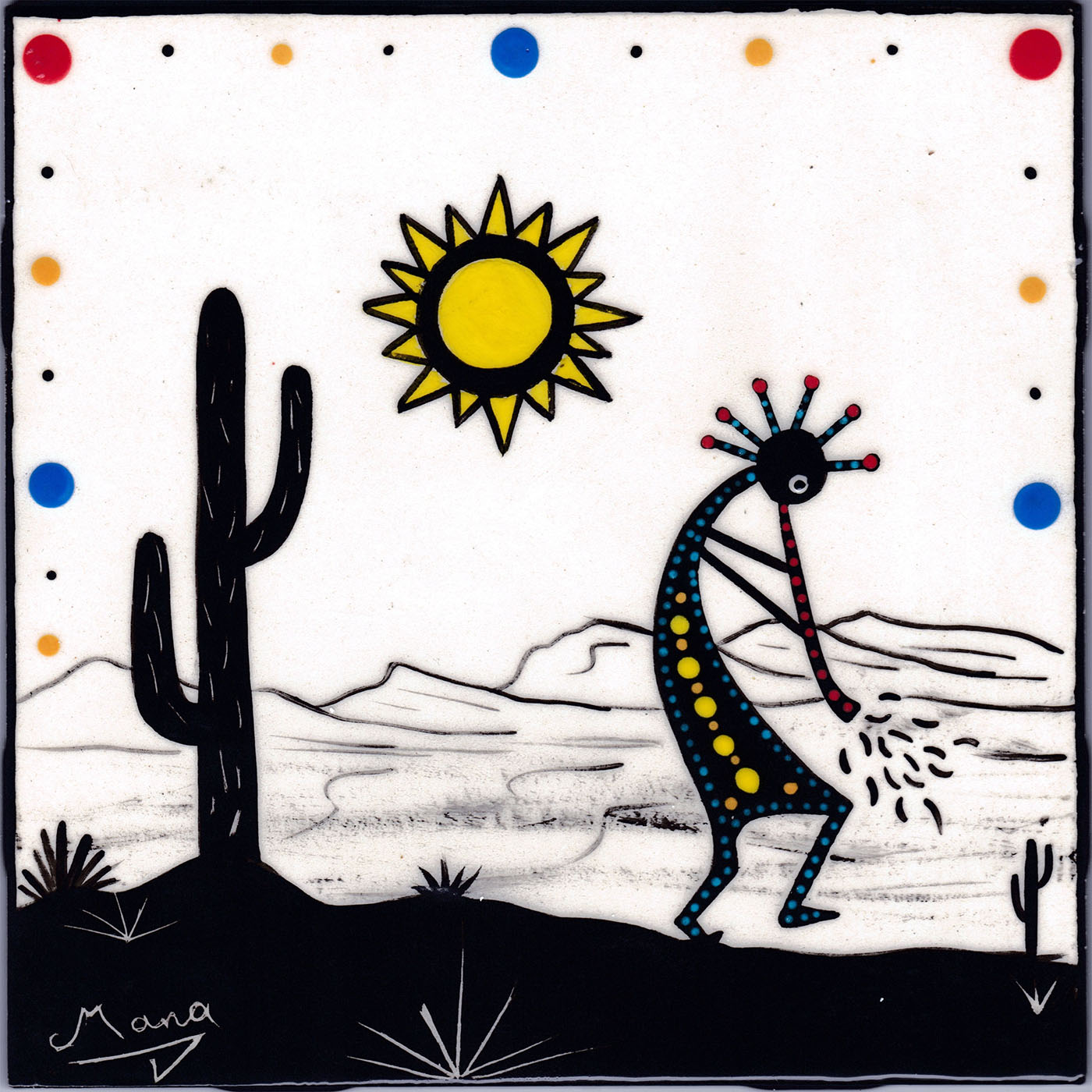 Mana Pottery 6 inch tile featuring kokopelli in desert landscape.