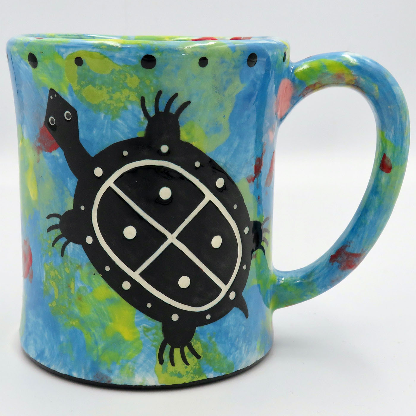 Mana Pottery e-mug featuring turtle and desert landscape on reverse sides, on turquoise blue background.