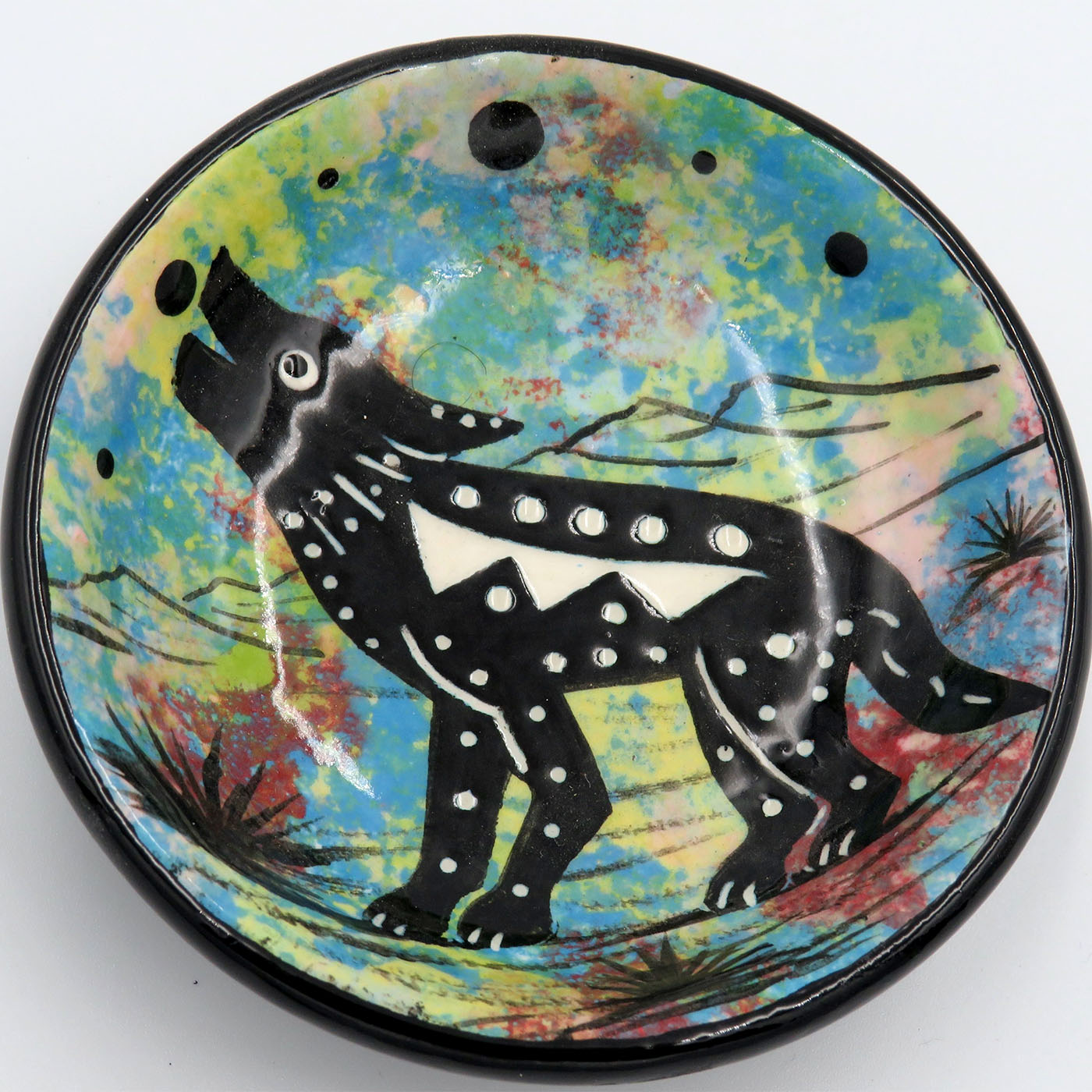 Mana Pottery teabag holder featuring coyote on turquoise blue.