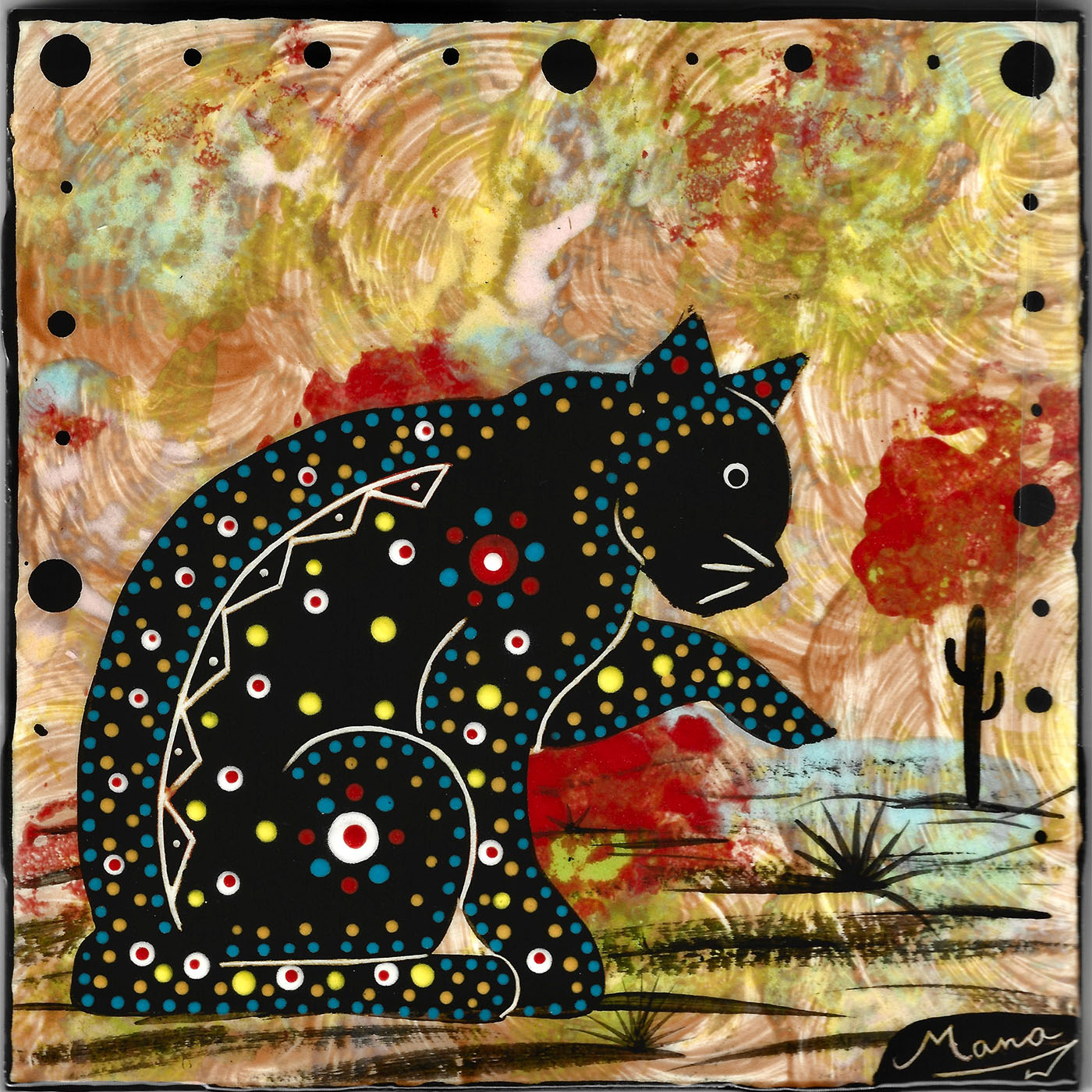 Mana Pottery 6 inch tile featuring jumping cat on earth tone background.