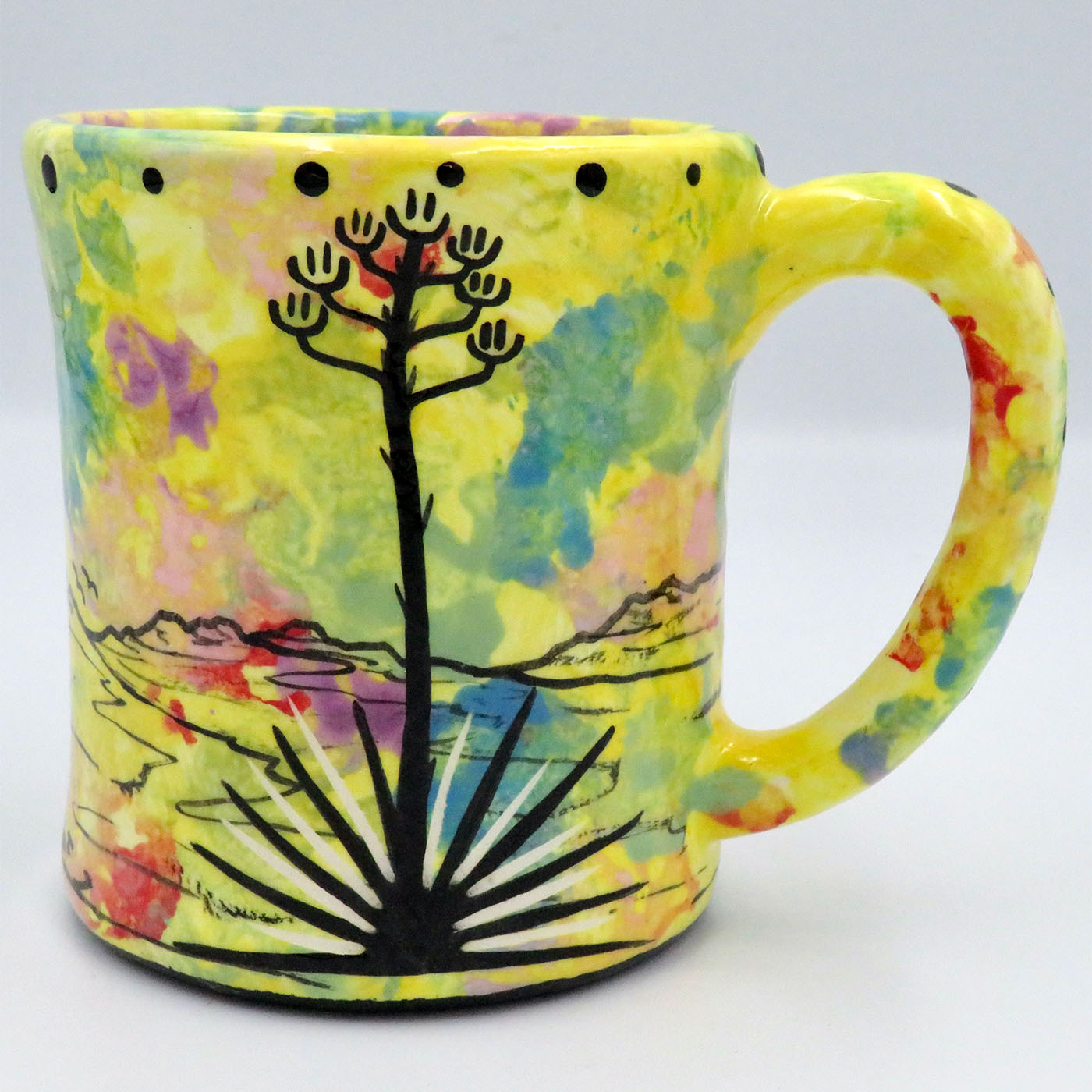 Mana Pottery e-mug featuring bear and cub and desert landscape on bright yellow background.