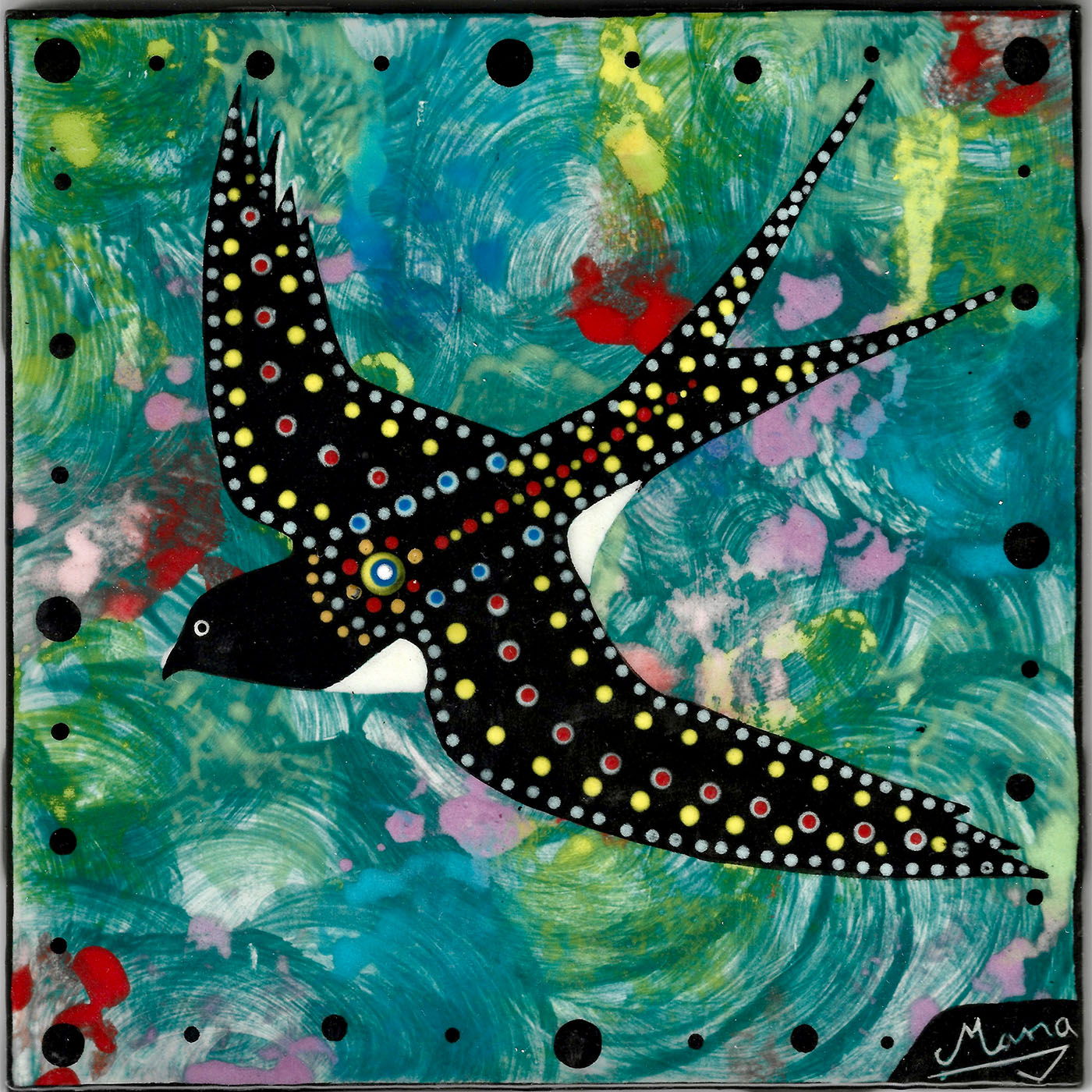 Mana Pottery 6 inch tile featuring barn swallow swooping to the left on teal and green background.
