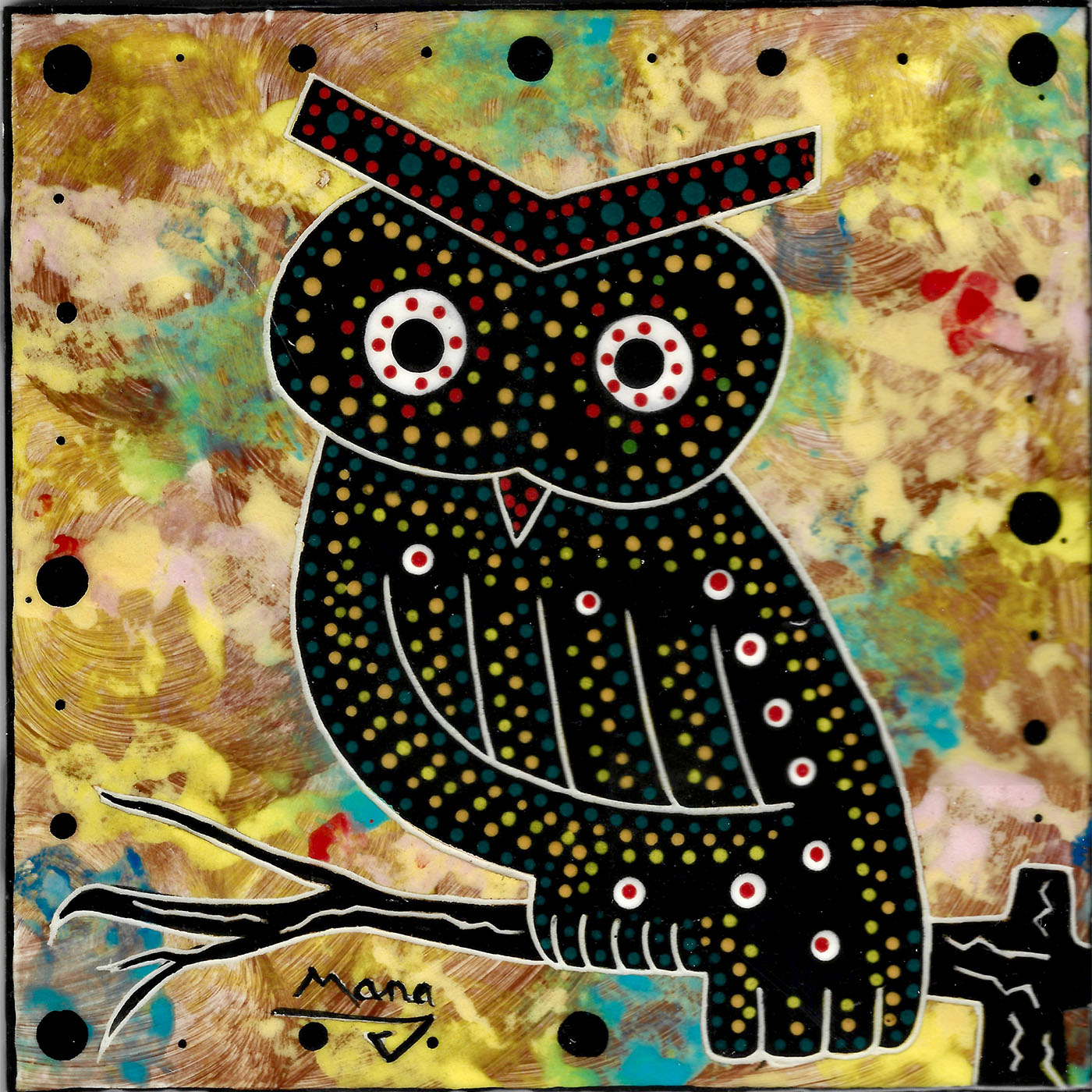 Mana Pottery 6 inch tile featuring owl on branch on chocolate accented sky.