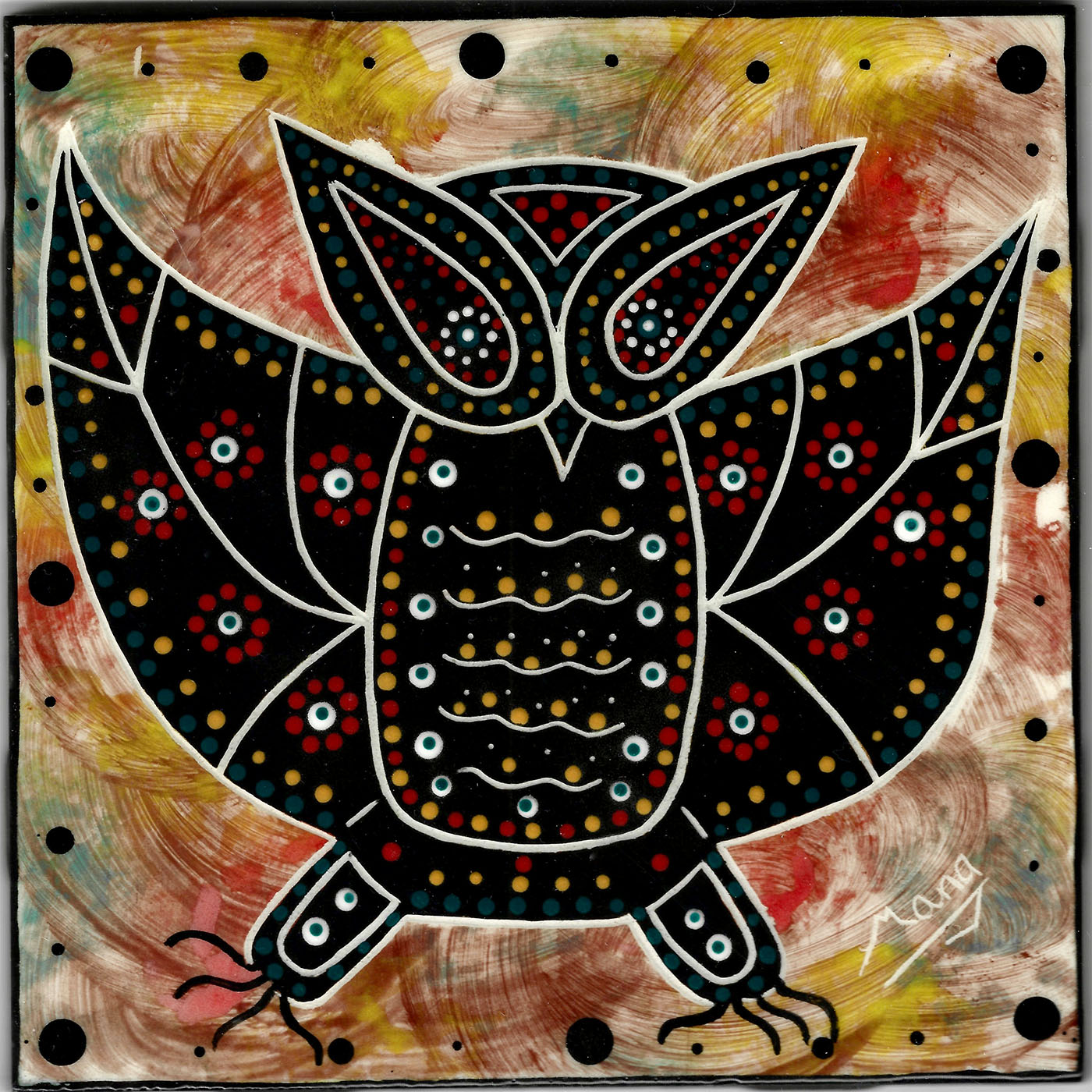 Mana Pottery 6 inch tile featuring owl with spread wings on chocolate accented sky.