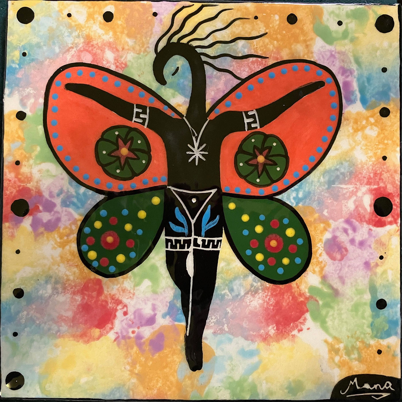 Mana Pottery 6 inch tile featuring Butterfly Girl on a multicolored background.