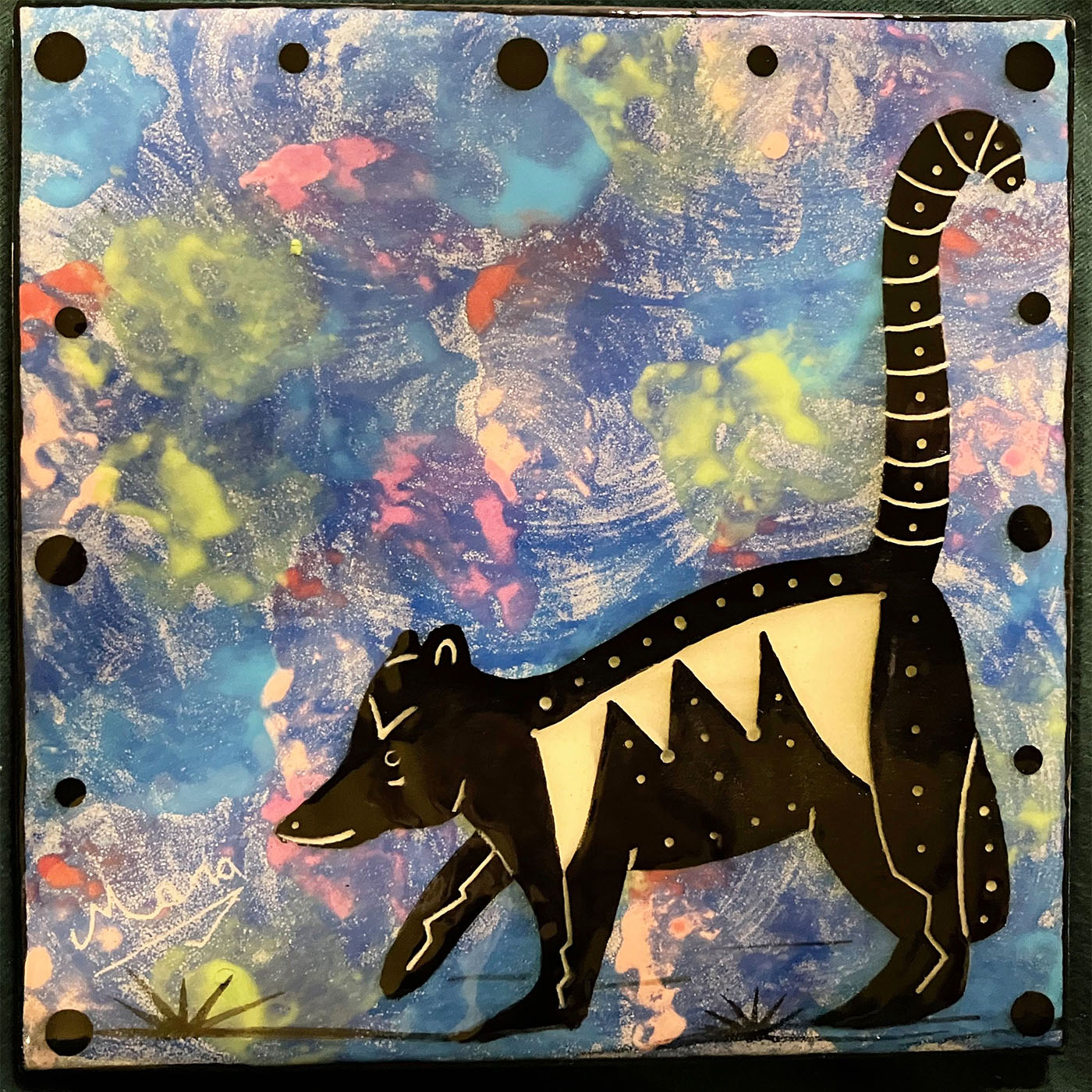Mana Pottery 6 inch tile featuring coatimundi against a blue sky populated with brilliantly lit clouds.