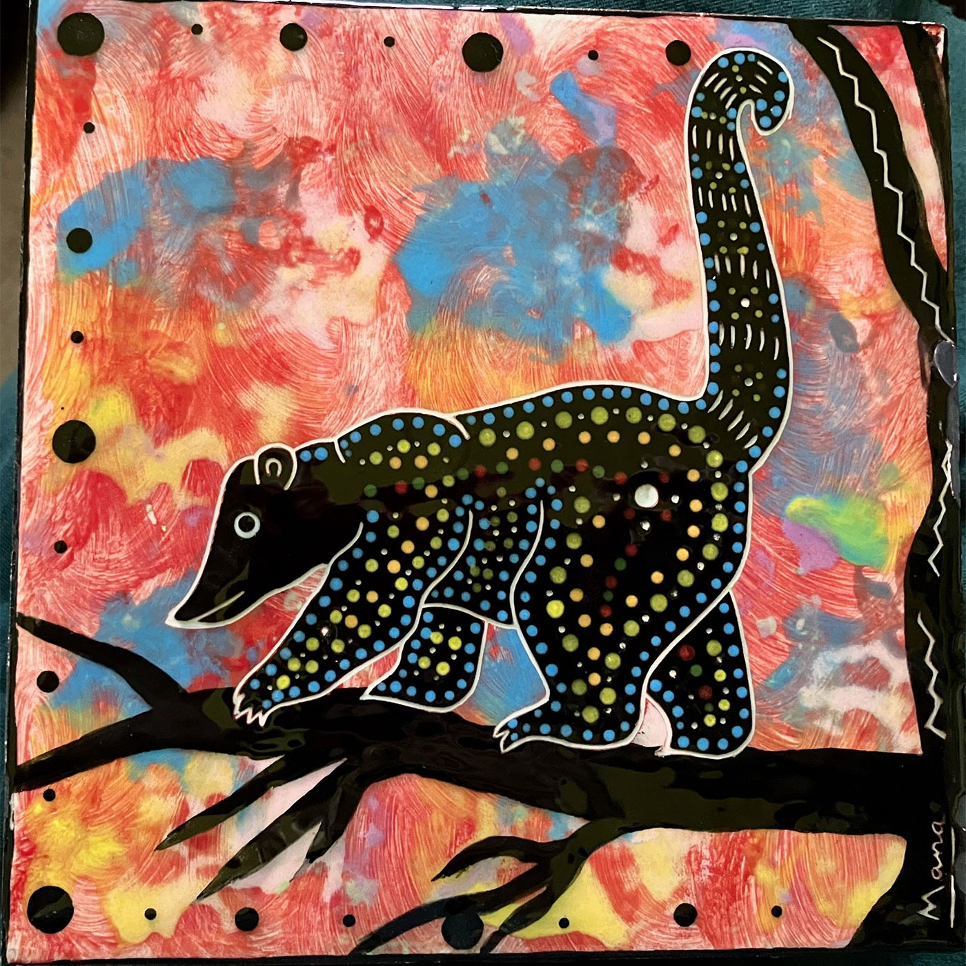 Mana Pottery 6 inch tile featuring coatimundi on tree limb against a ruby sky background.
