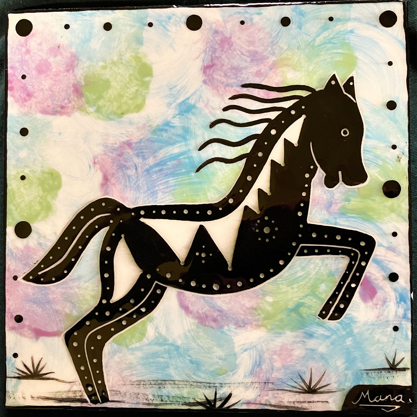 Mana Pottery 6 inch tile with leaping horse on pastel colors sky.