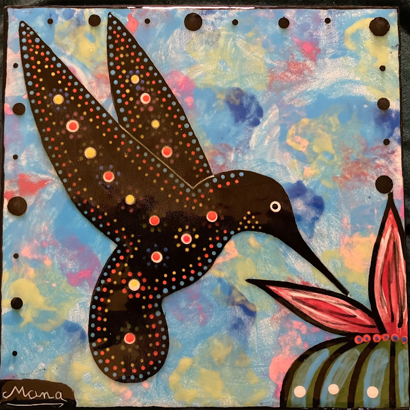 Mana Pottery 6 inch tile with hummingbird on turquoise blue background.