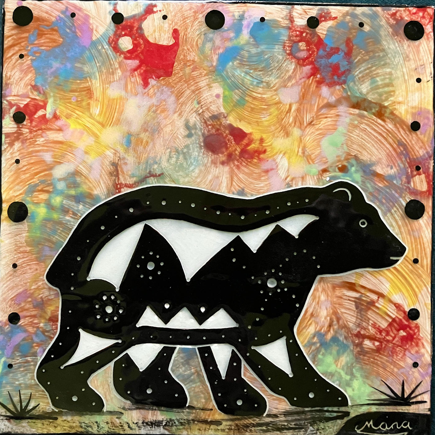 Mana Pottery 6 inch tile with Medicine Bear on chocolate peach rose mottled background.