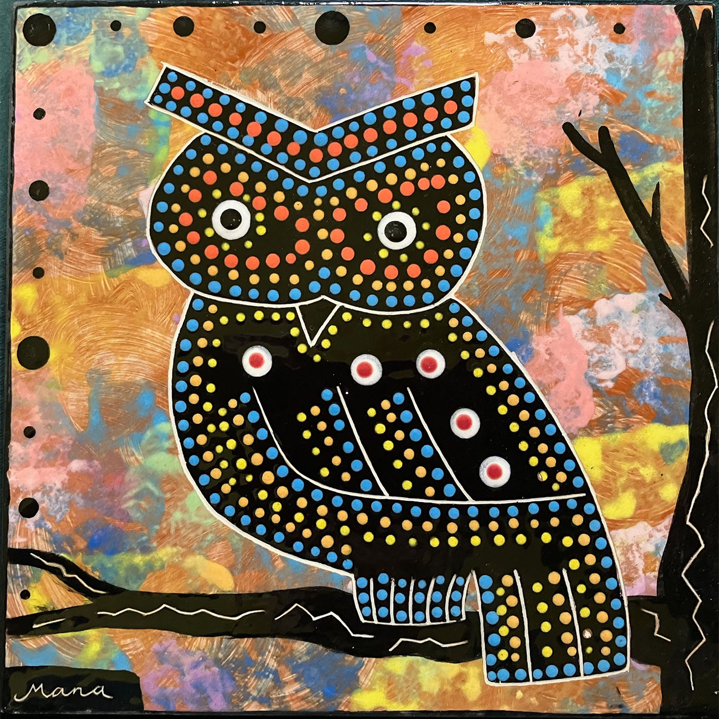 Mana Pottery 6 inch tile with owl on chocolate peach rose mottled background.