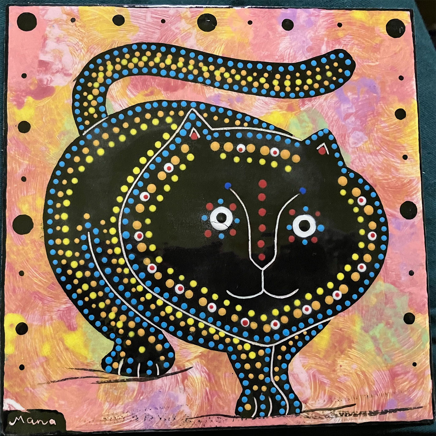 Mana Pottery 6 inch tile with cat on rose background.