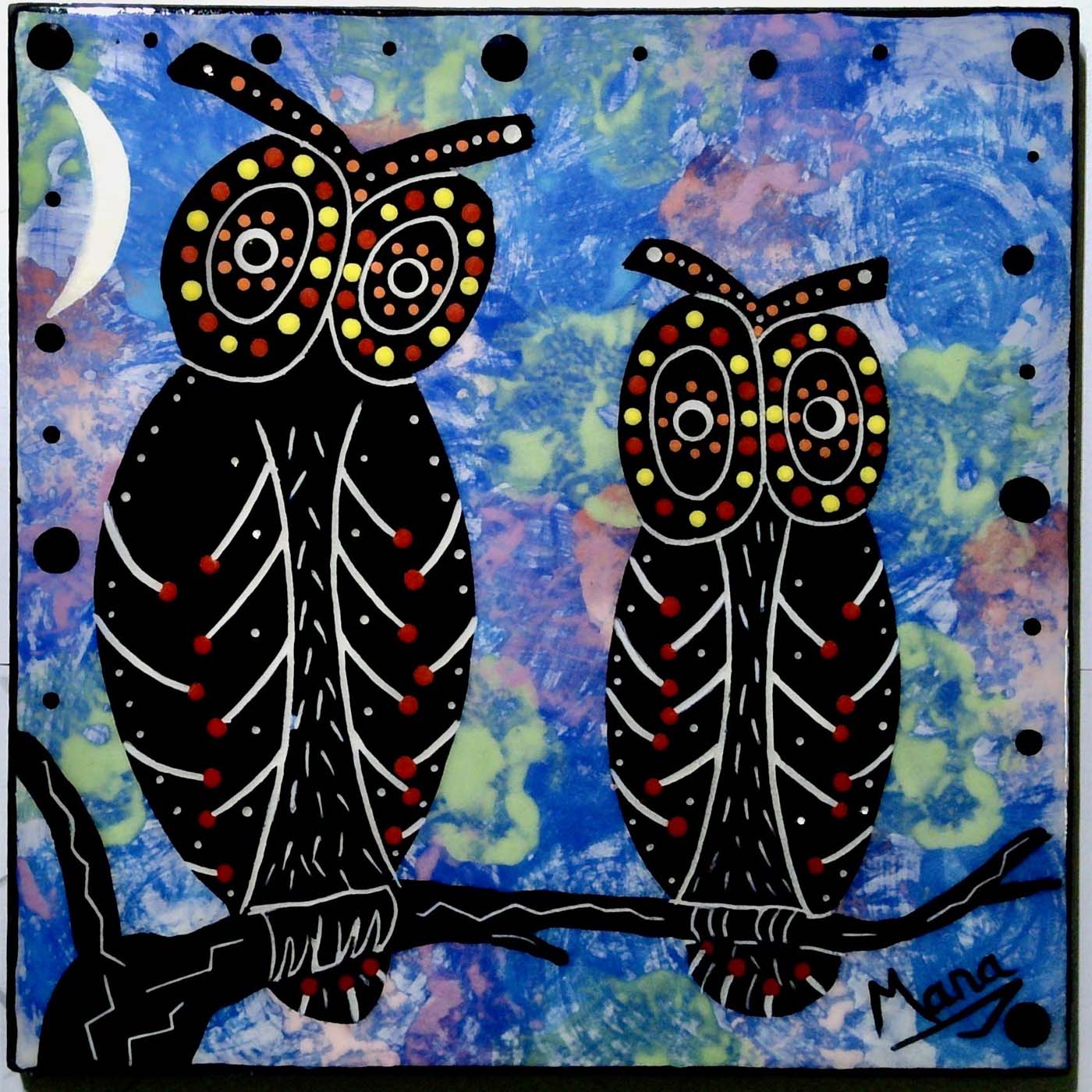 Mana Pottery 6 inch tile featuring two owls and moon on blue background.
