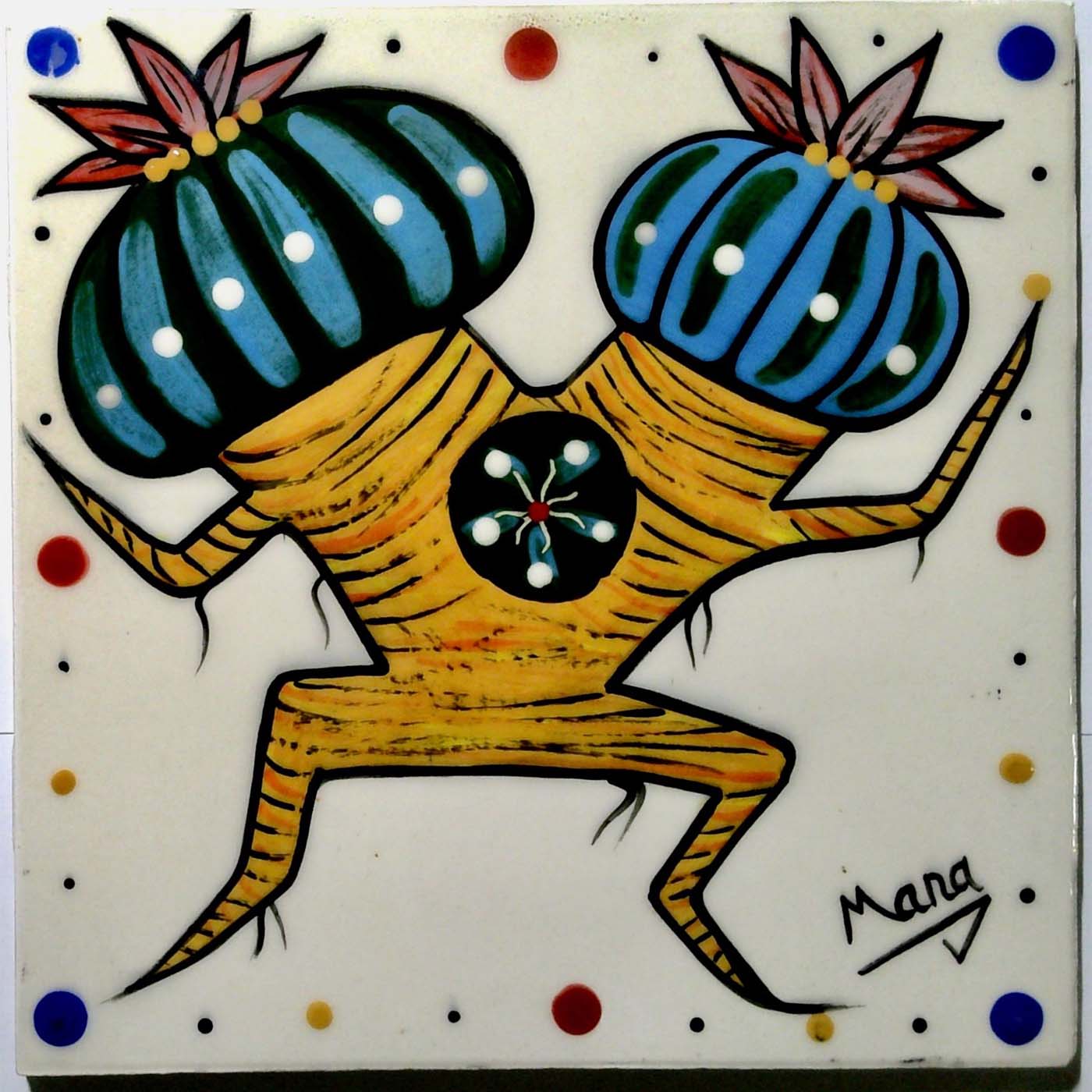 Photo of Mana Pottery 6 inch tile featuring dancing peyote with pup