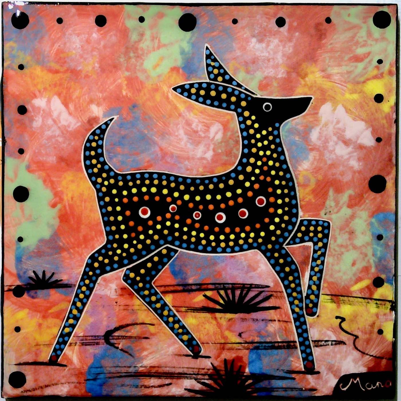 Photo of Mana Pottery 6 inch tile with deer on rose background.