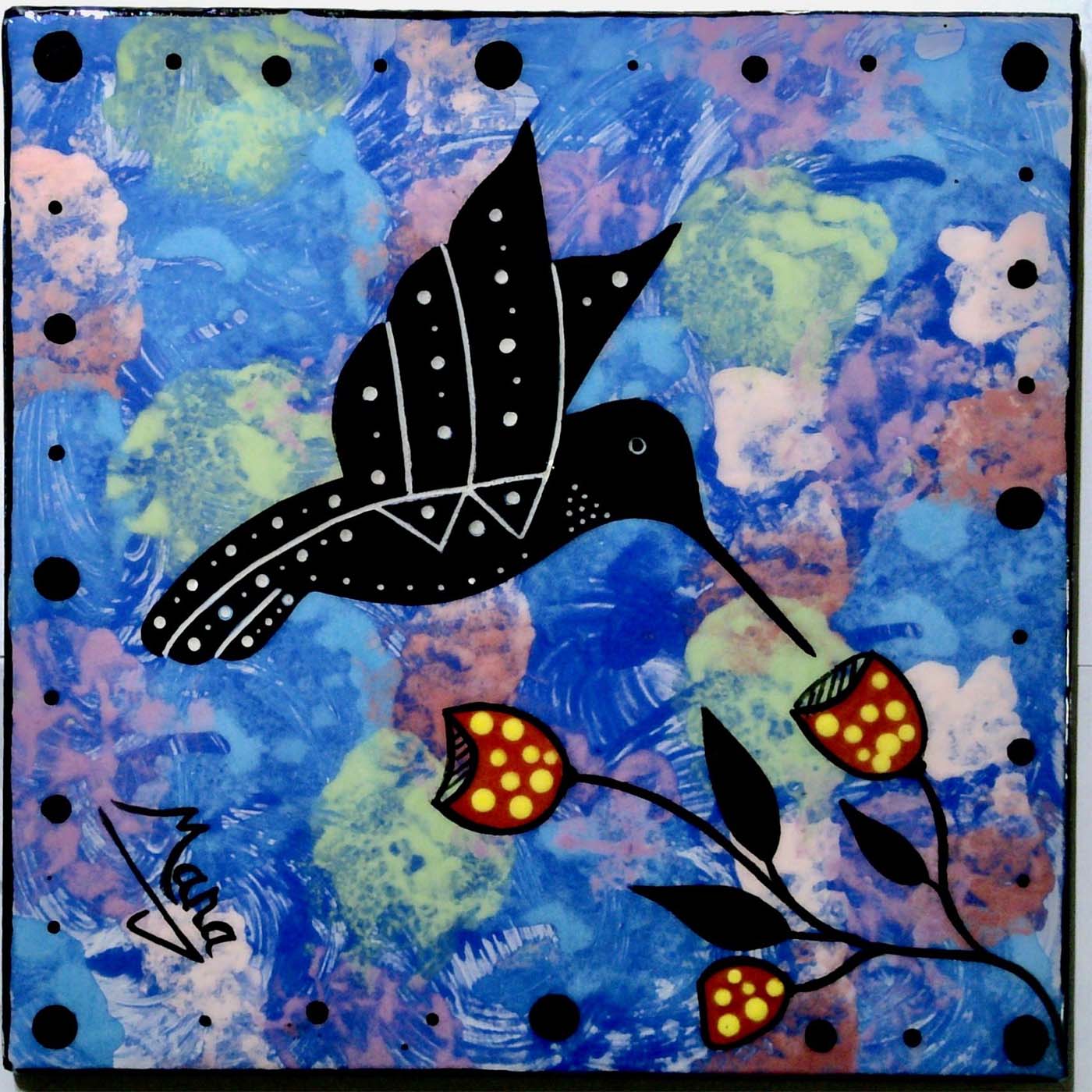 Photo of Mana Pottery 6 inch tile with hummingbird in flight on blue background.