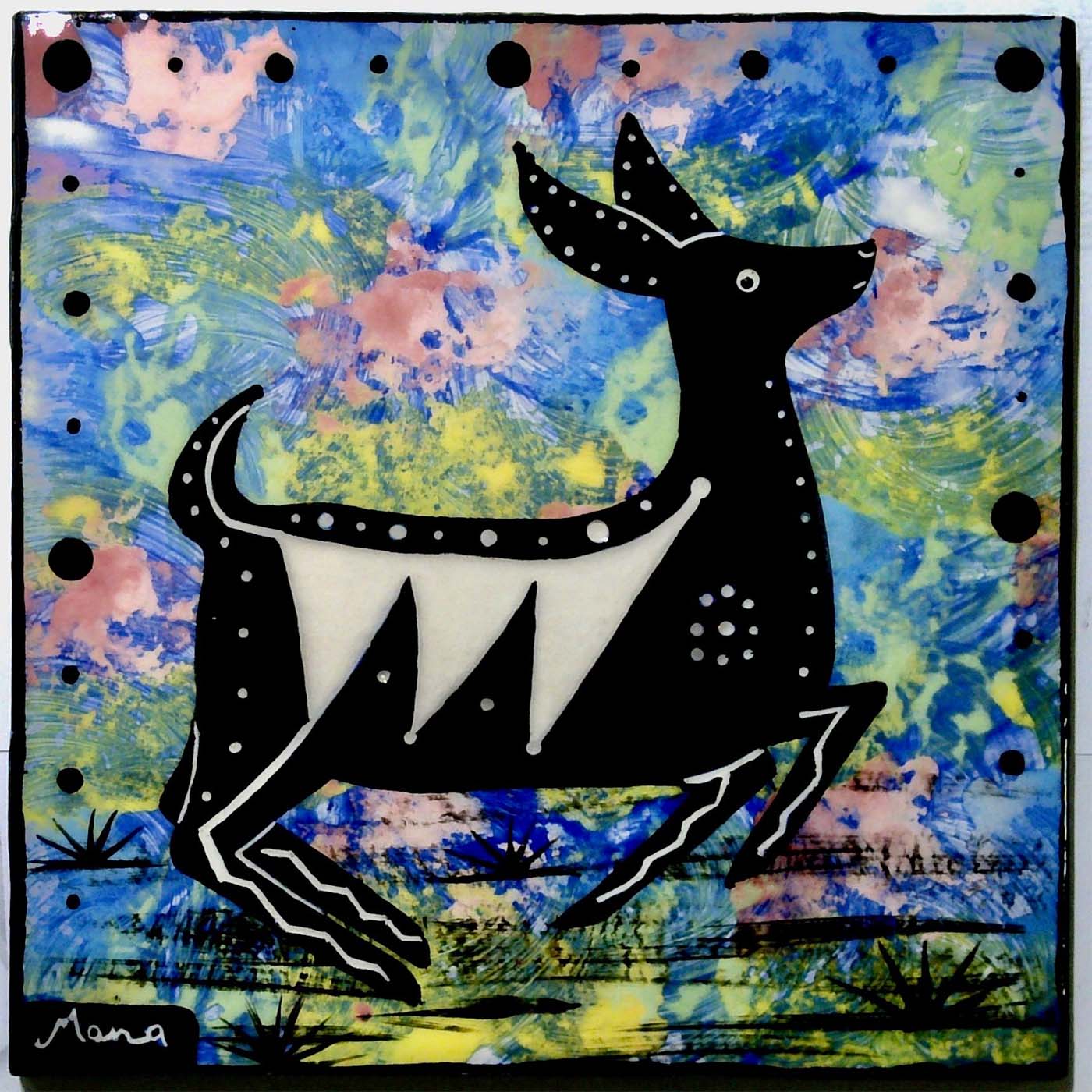 Photo of Mana Pottery 6 inch tile with jumping deer on blue background.