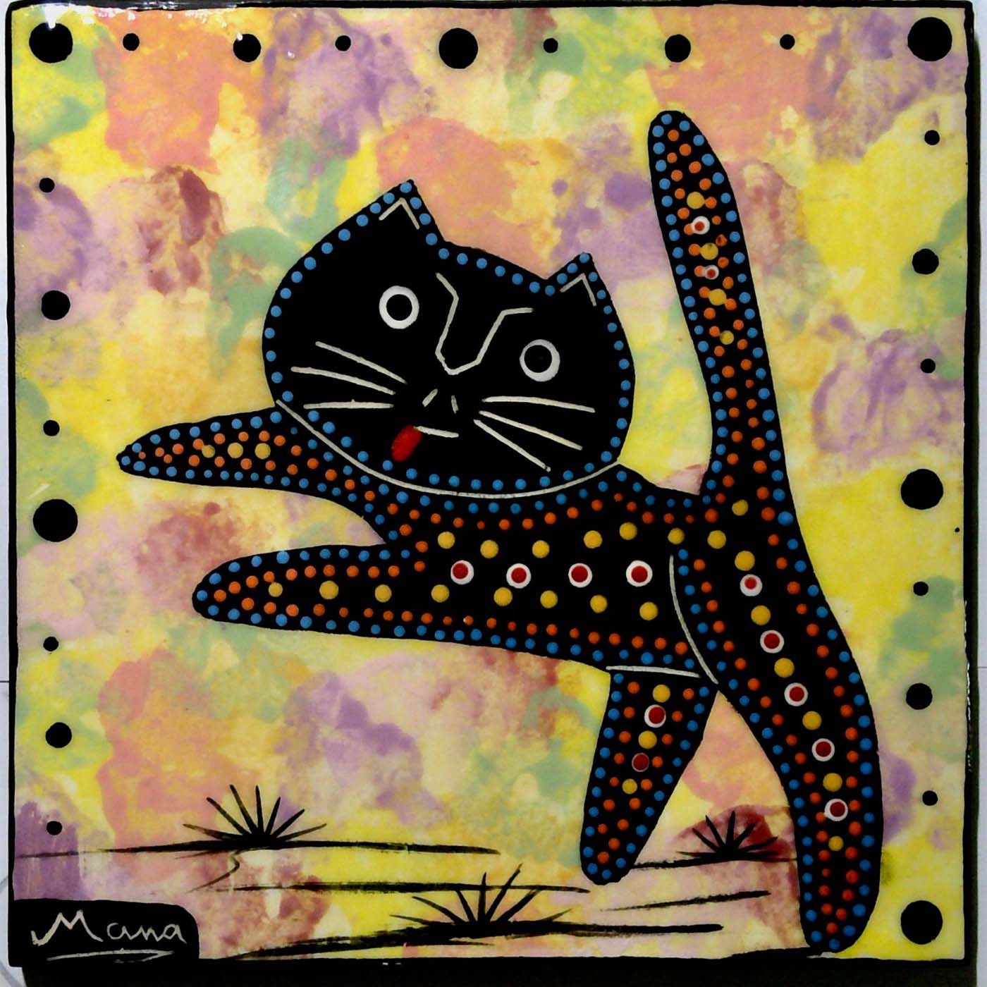 Photo of Mana Pottery 6 inch tile with playful kitty on brightly colored background.