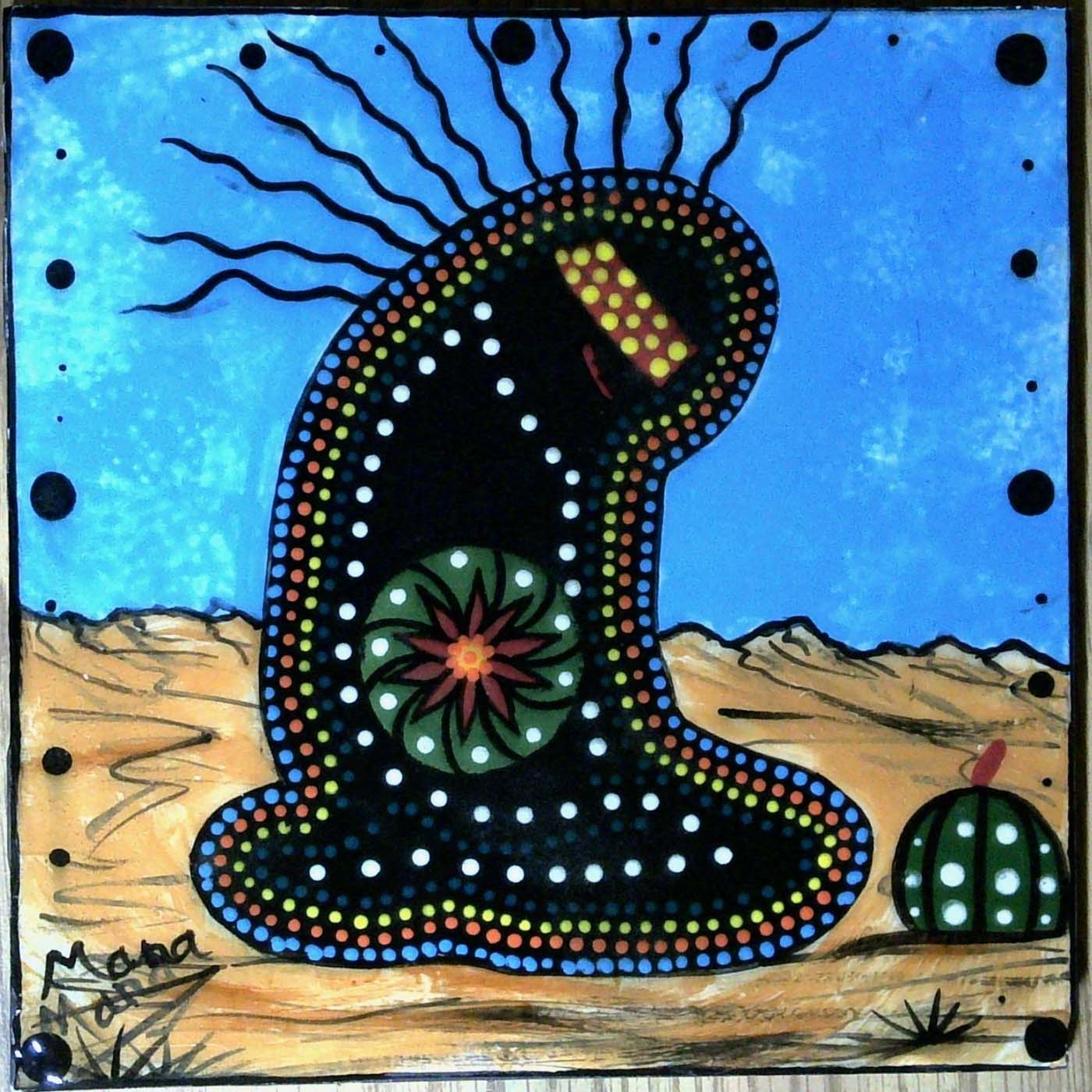 Photo of Mana Pottery 6 inch tile featuring Spirit Walker in desert.