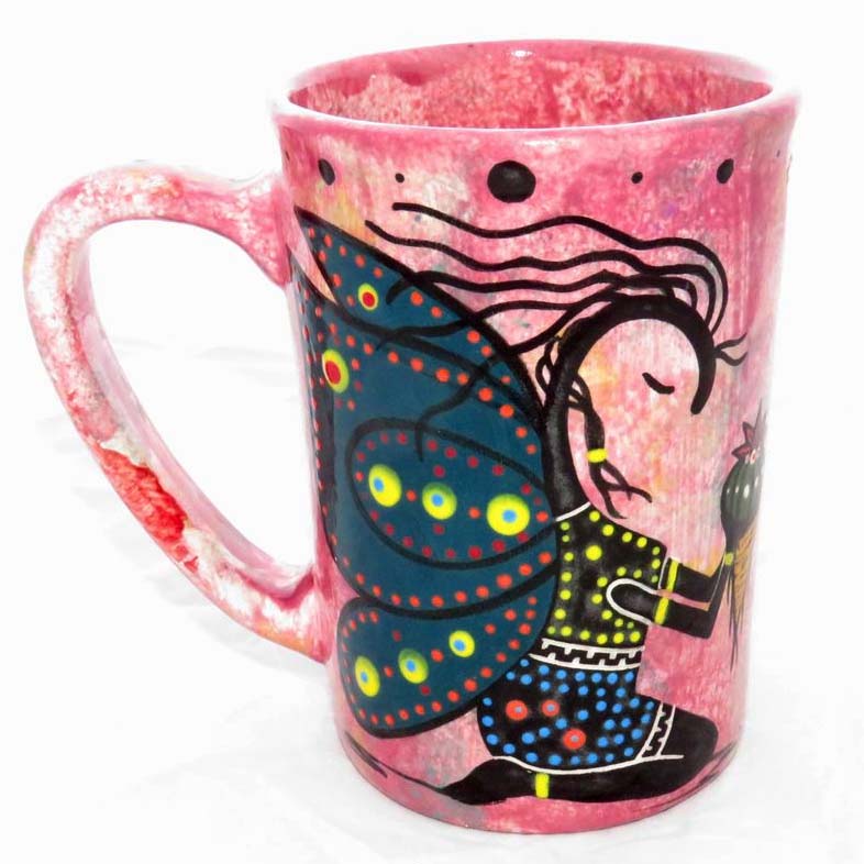 Image of Mana Pottery Large Mug featuring Peyote Guardian Spirit with desert landscape on reverse, on crimson background.