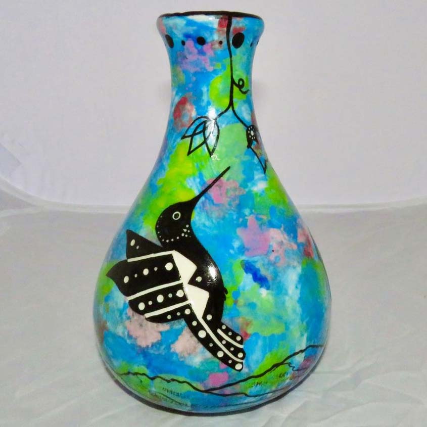 Image of Mana Pottery Teardrop Vase with hummingbirds on reverse sides on turquoise blue. Second view.