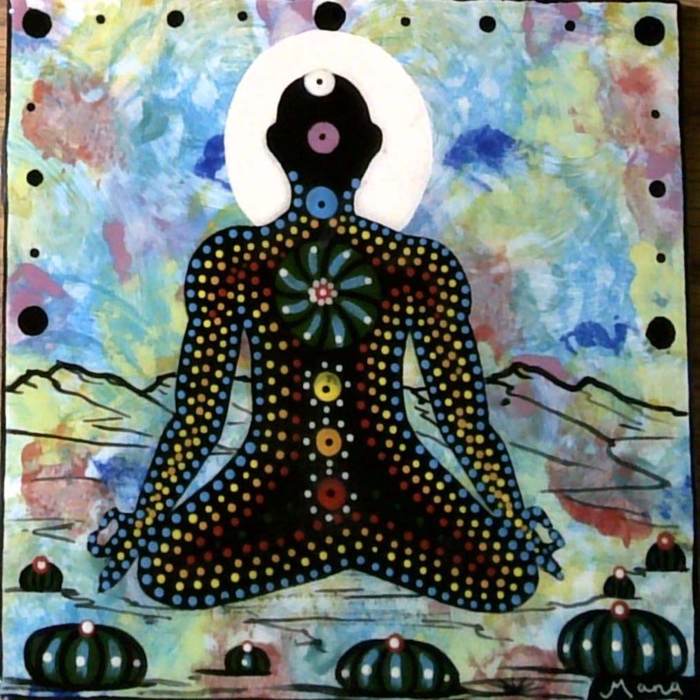 Photo of Mana Pottery 6 inch tile featuring chakra being on turquoise blue