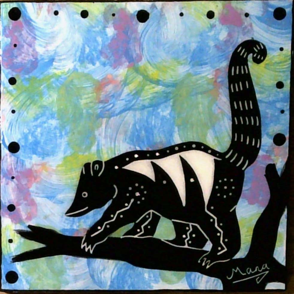 Photo of Mana Pottery 6 inch tile featuring coatimundi on blue.