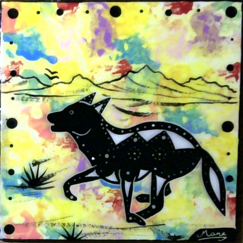 Photo of Mana Pottery 6 inch tile featuring coyote on bright yellow.