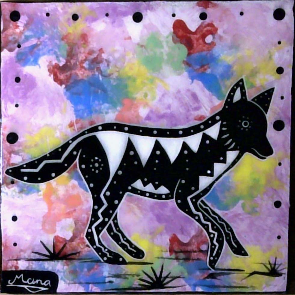 Photo of Mana Pottery 6 inch tile featuring coyote on purple.