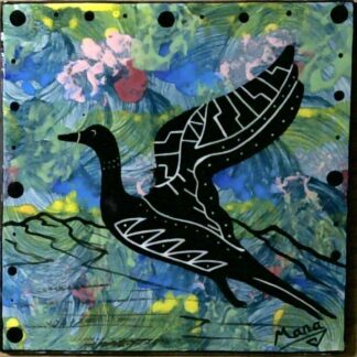 Photo of Mana Pottery 6 inch tile featuring duck in flight on teal.