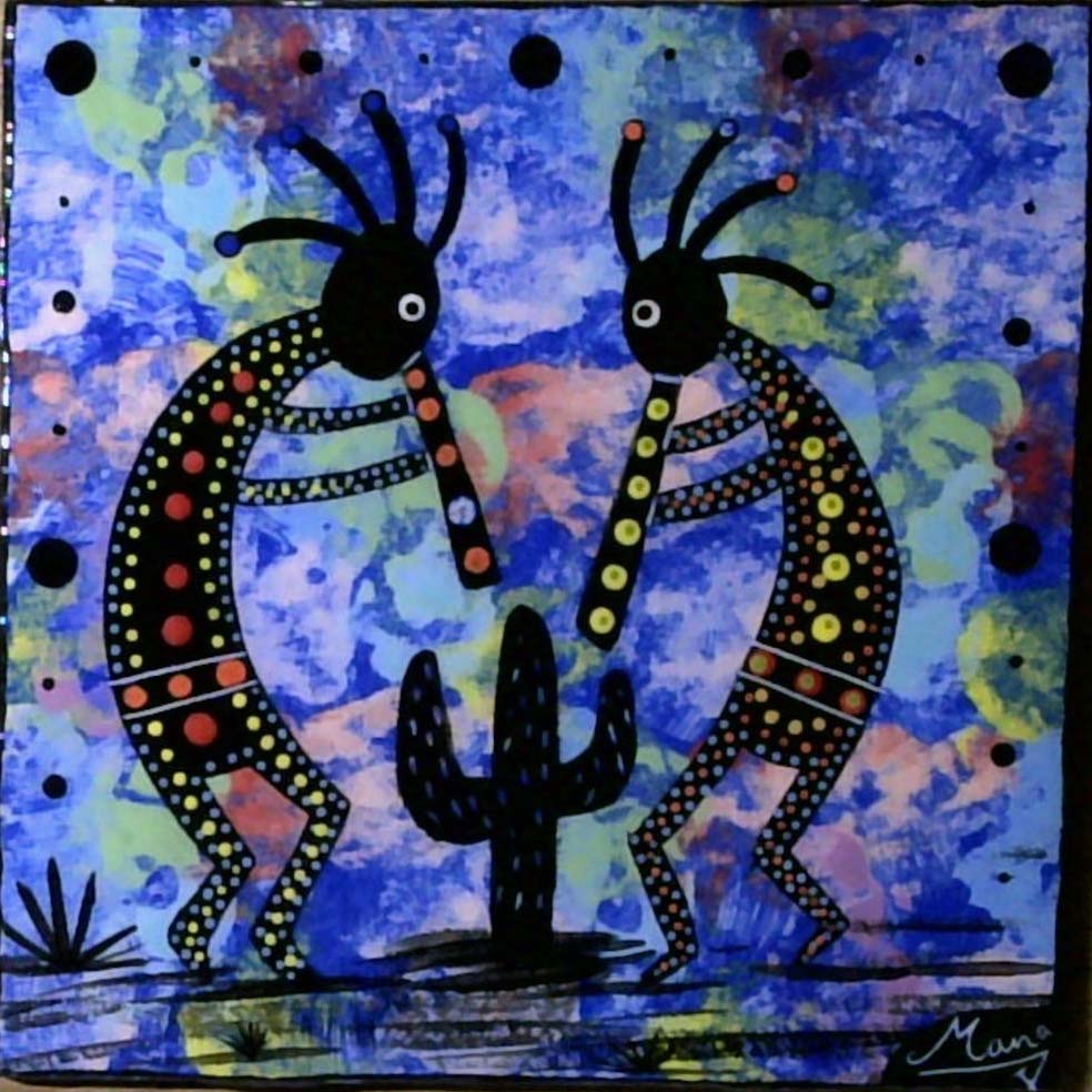 Photo of Mana Pottery 6 inch tile featuring dueting kokopelli flute players, on blue purple background