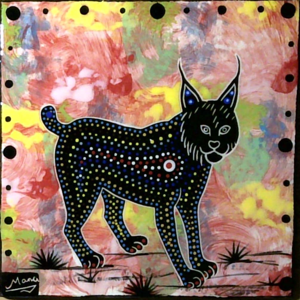 Photo of Mana Pottery 6 inch tile featuring bobcat on earthtone background.