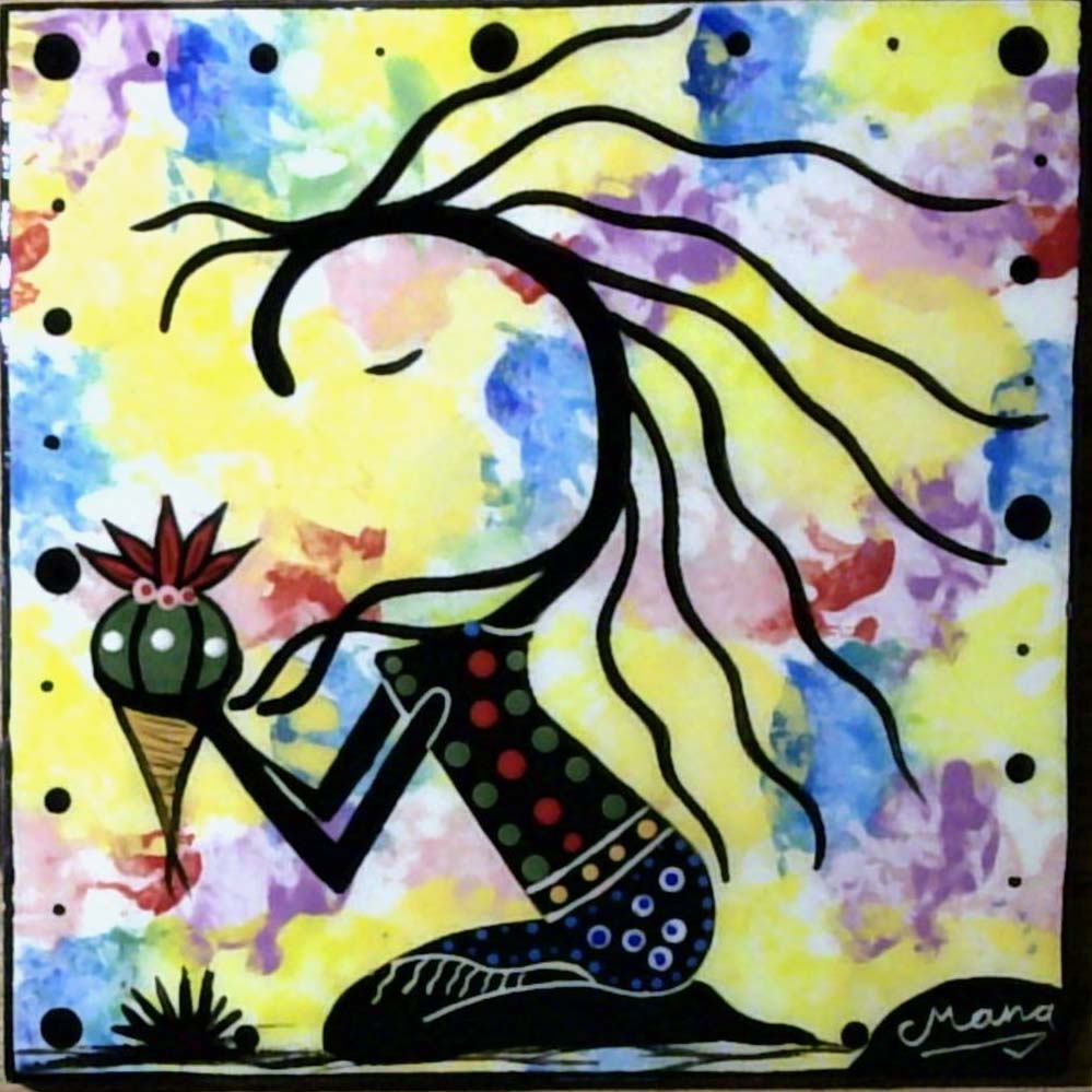 Image of Mana Pottery six inch tile featuring the Peyote Guardian Spirit on a confetti background.