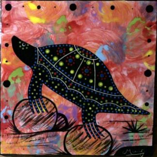 Image of Mana Pottery 6 inch tile featuring sea turtle clambering up rocks on crimson background.