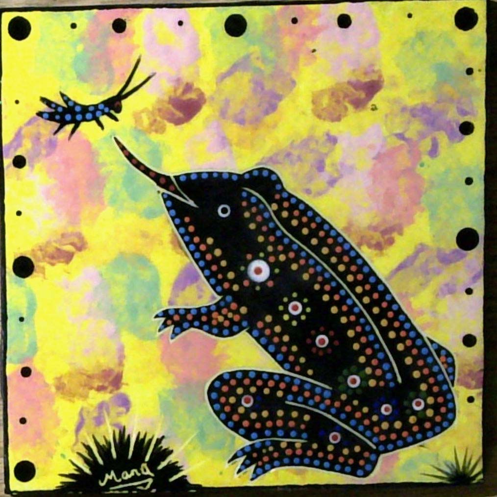 Image of Mana Pottery 6 inch tile featuring toad and cricket on bright yellow background.