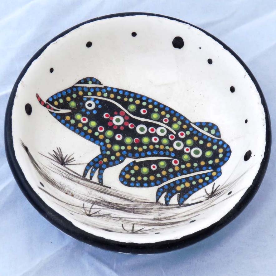 Image of Mana Pottery Holy Bowl featuring toad and marbled black and white underside.