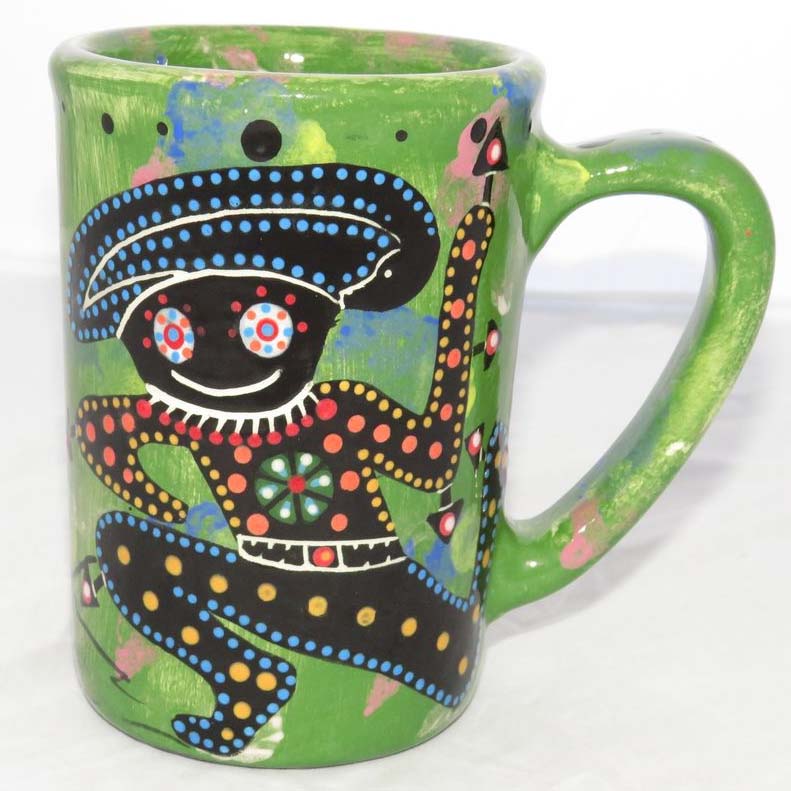 Image of Mana Pottery Large Mug featuring shaman and desert plants on reverse sides, on lime green background.