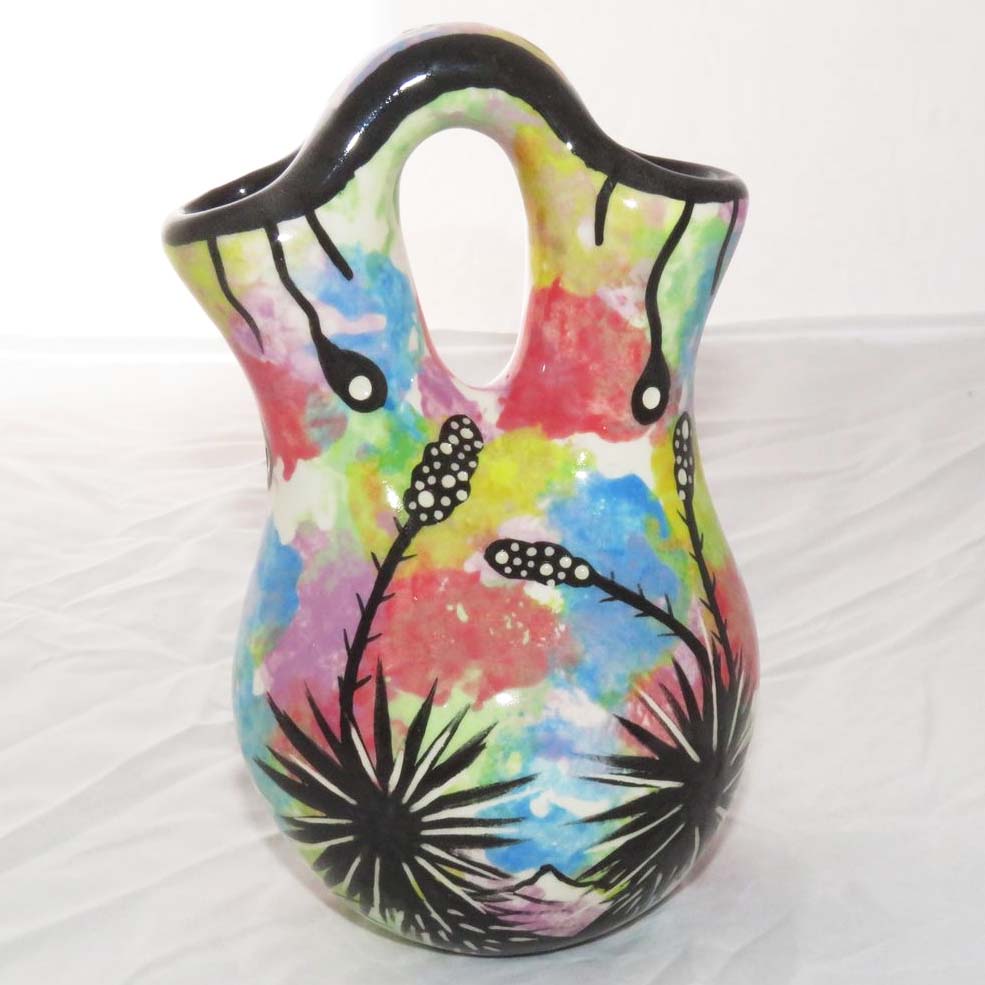 Mana Pottery Tiny Wedding Vase featuring Peyote with desert vegetation on reverse, on confetti background.