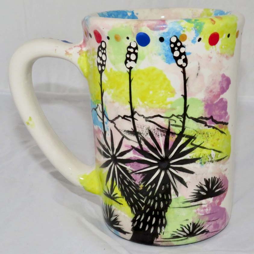 Image of Mana Pottery Large Mug featuring chakra being and desert plants on reverse sides. On white. Reverse side.