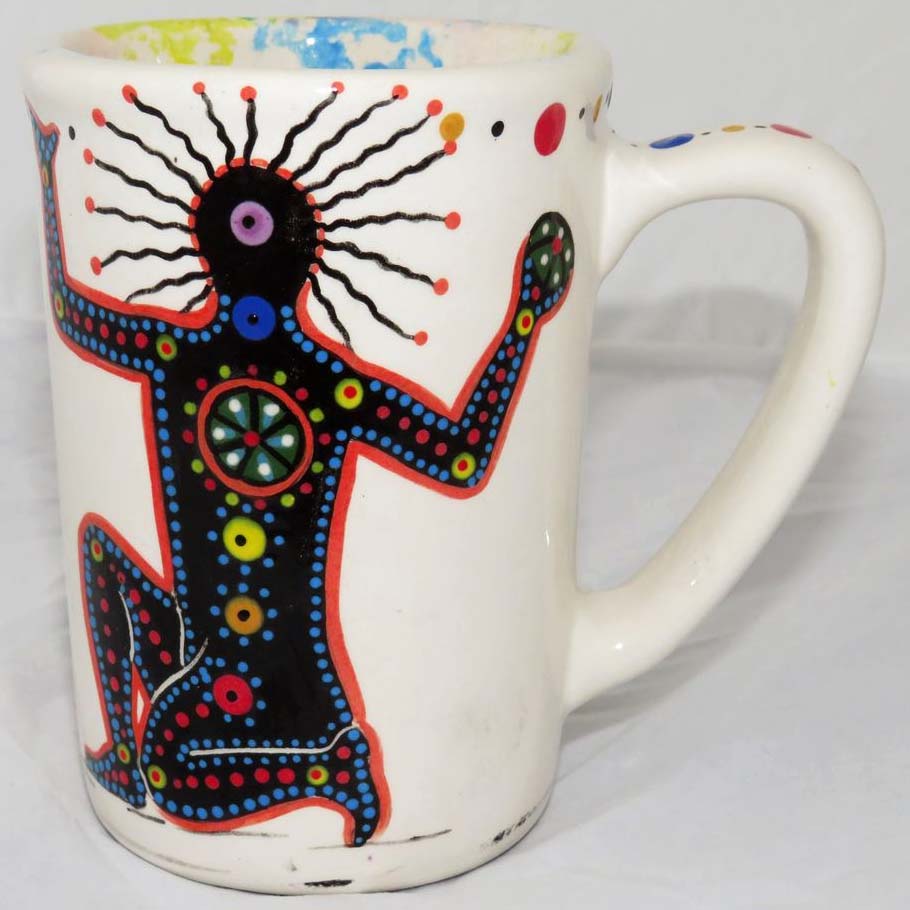Image of Mana Pottery Large Mug featuring chakra being and desert plants on reverse sides. On white.