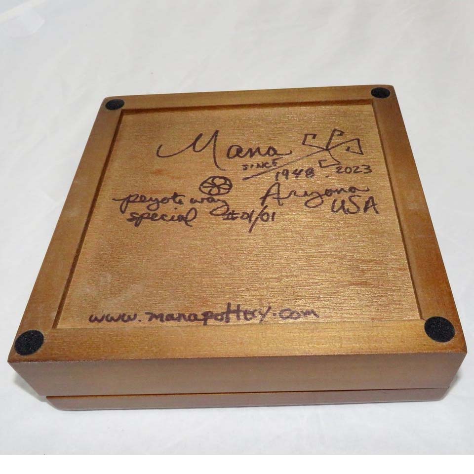 Mana Pottery wooden box with 6" square tile featuring mushroom shaman on chocolate accented background. Bottom view.