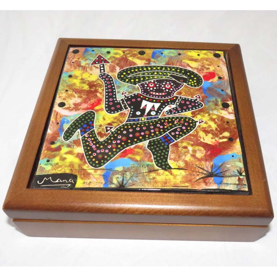 Mana Pottery wooden box with 6" square tile featuring mushroom shaman on chocolate accented background.