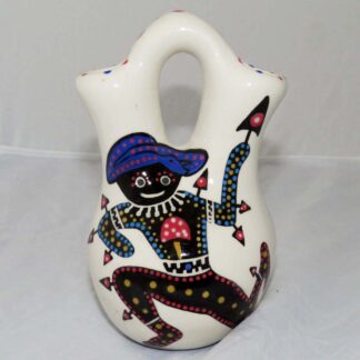 Image of Mana Pottery Tiny Wedding Vase featuring mushroom shaman with mushrooms on reverse, on white background.