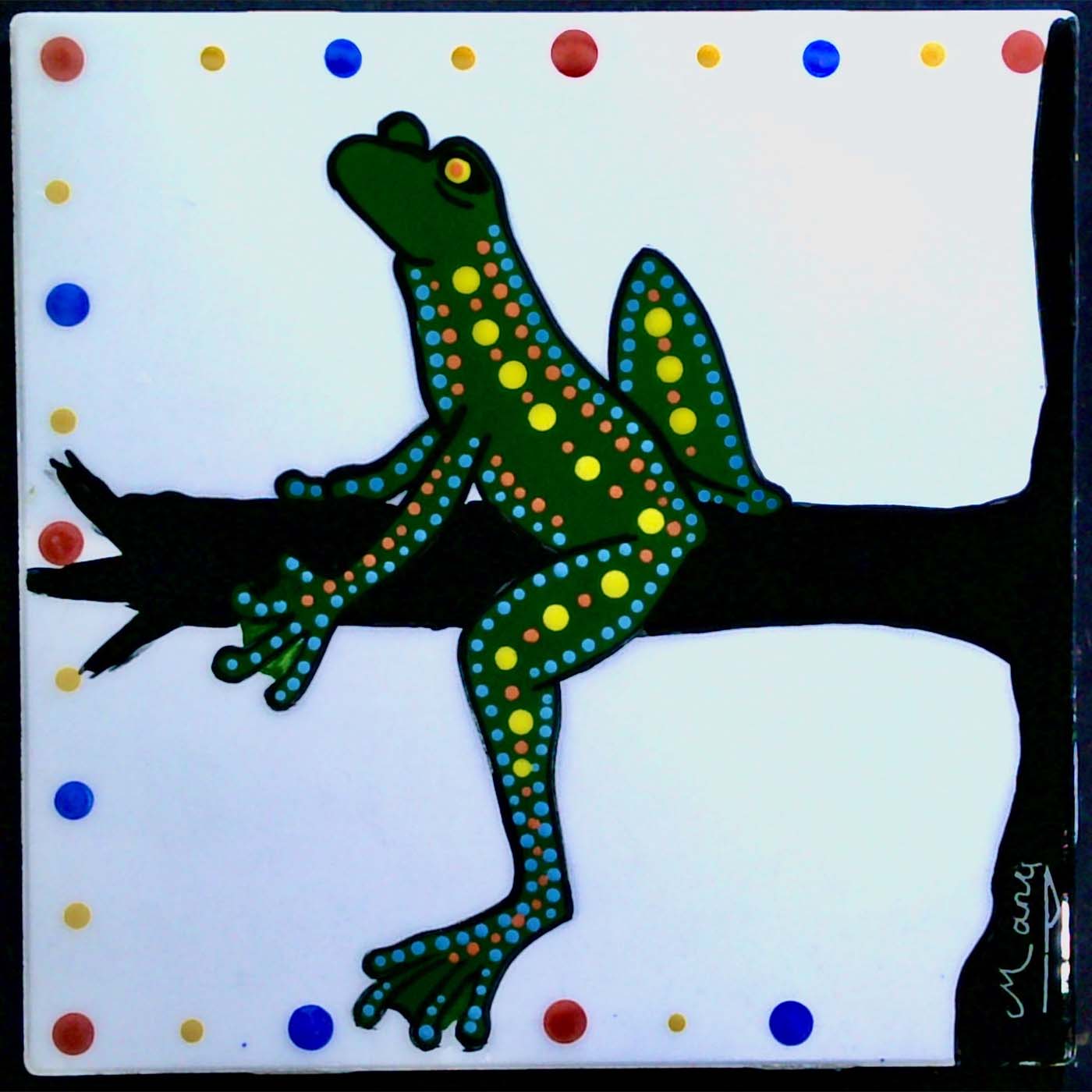Image of Mana Pottery 6-inch tile featuring green tree frog lounging on a limb.