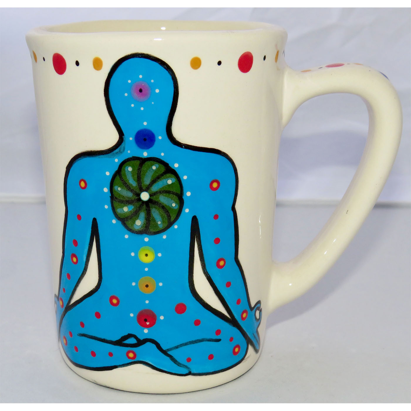 Image of Mana Pottery Large Mug featuring blue Chakra Being on one side and Dancing Peyote on the other.
