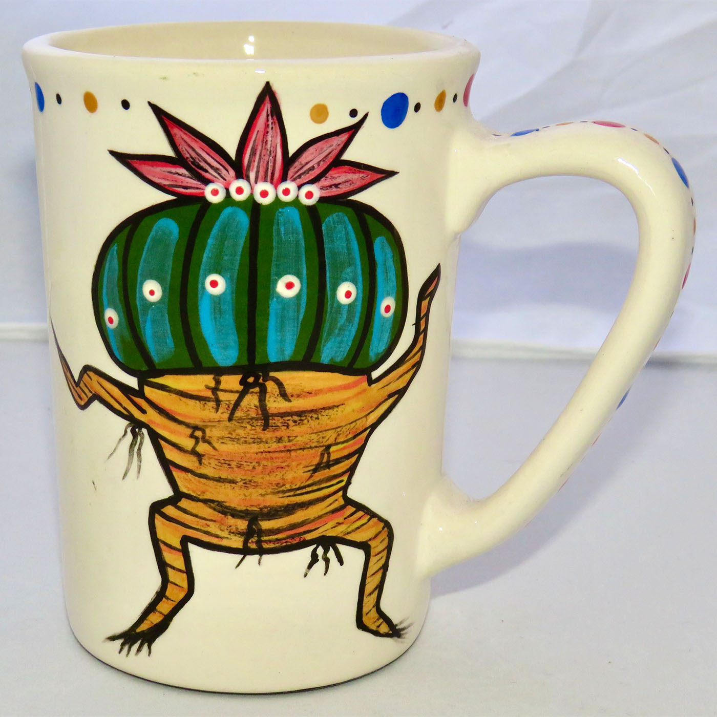 Image of Mana Pottery Large Mug featuring Dancing Peyote on one side and desert vegetation on reverse.