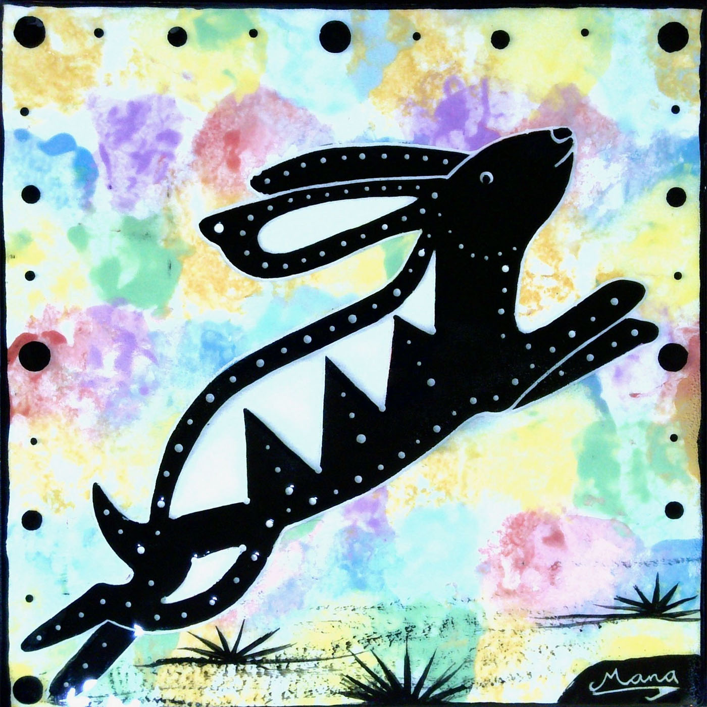 Image of Mana Pottery 6-inch tile featuring leaping bunny on confetti background.